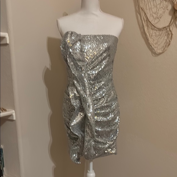 Silver Sequin Strapless Party Dress - Picture 1 of 7